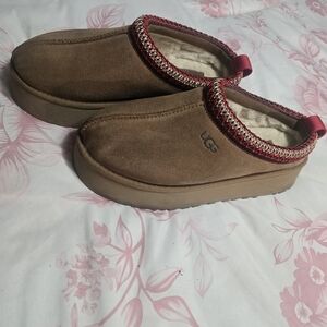UGG Brown Suede Slippers with Red Trim